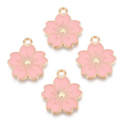 Pink Подвески из эмали и сплава, цветок сакуры, золотой свет, розовые, 20.5x17.5x1.5 мм, отверстие : 2 мм