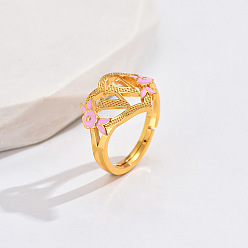 Letter W Регулируемые кольца для пальцев с латунным жемчугом и розовой эмалью в форме сердца и цветка, без кадмия, без никеля и без свинца, золотые, Буква W, 14 мм, внутренний диаметр: 17 мм