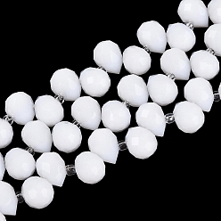 White Opaque Glass Beads Strands, Teardrop, Faceted, with Transparent Glass Beads, White, 10x8x8mm, Hole: 1~1.2mm, about 94~102pcs/strand, 26.57~29.72 innch(67.5~75.5cm)