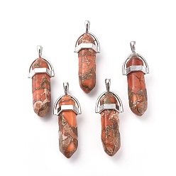 Imperial Jasper Synthetic Imperial Jasper Double Terminated Pointed Pendants, with Alloy Findings, Bullet, Platinum, 38~40x13.5x10mm, Hole: 5x4mm
