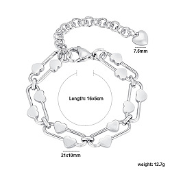 Heart 304 Stainless Steel Link Chain Bracelets for Women, Stainless Steel Color, Heart, 6.30 inch(16cm)