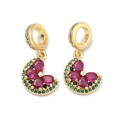 Настоящее золото 18K Подвески из латуни с зелеными и темно-розовыми кубическими циркониями в европейском стиле., подвески в виде цветов с большими отверстиями, стойки покрытие, долговечный, без свинца и без кадмия, реальный 18 k позолоченный, 23 мм, отверстие : 4.8 мм