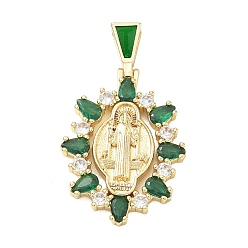 Gray Religion Brass Pave Cubic Zirconia Pendants, with Enamel, Oval with Saint Benedict Charms, Lead Free & Cadmium Free, Long-Lasting Plated, Rack Plating, Real 18K Gold Plated, Gray, 36mm, Pendant: 29x20x4mm, Hole: 5.5x3mm