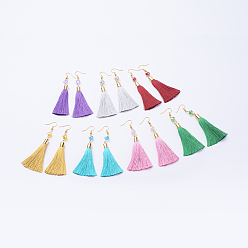 Mixed Color Ice Silk Thread Tassel Dangle Earrings, with Glass Beads and Brass Earring Hooks, Golden, Mixed Color, 93mm, Pin: 0.6mm, Pendant: 75x8mm