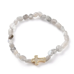 Labradorite Nuggets Natural Labradorite Stretch Beaded Bracelets, Tumbled Stone, with Brass Micro Pave Cubic Zirconia Cross Beads, Golden, Inner Diameter: 2~2-1/8 inch(5.1~5.5cm)