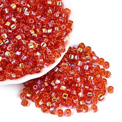 Orange Red FGB Transparent Colours Glass Seed Beads, Rainbow Plated, Round Hole, Barrel, Orange Red, 4x3.5mm, Hole: 0.9~1mm, about 3750pcs/pound