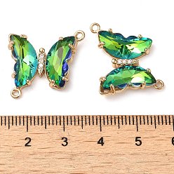 Lime Green Brass Pave Faceted Glass Connector Charms, Golden Tone Butterfly Links, Lime Green, 20x22x5mm, Hole: 1.2mm