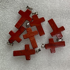 Red Jasper Natural Red Jasper Pendants, with Platinum Tone Brass Findings, Cross, 25x18mm