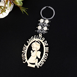 White Wood Keychain for Women, Angel, White, 12x5.5cm