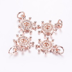 Розовый Позолоченный Долговечные латунные микропрофили кубические циркониевые прелести, руль, Настоящее розовое золото покрыто, 14x12x1.5 мм, отверстие : 3 мм