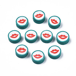 Dark Cyan Handmade Polymer Clay Beads, Flat Round with Mouth, Dark Cyan, 9.5~10x4~4.5mm, Hole: 1.6mm