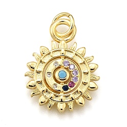 Разноцветный Стойка металлическая латунная микропрофилированная кубическая циркония подвески, солнце, с целью перехода в кольце, без кадмия и без свинца, долговечный, реальный 18 k позолоченный, красочный, 19x15x1.5 мм, отверстие : 3.5 мм