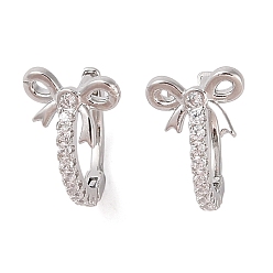 Platinum Brass with Clear Cubic Zirconia Hoop Earring, Bowknot, Platinum, 15x10x13.5mm