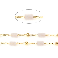 Rose Quartz Handmade Natural Rose Quartz Beaded Chains, Real 18K Gold Plated Plated Brass Chains, Soldered, with Spool, Long-Lasting Plated, 4~5x2~2.5mm, Beads: 2mm, Link: 2x1x0.2mm and 2x1.5x0.2mm, about 32.8 Feet(10m)/roll