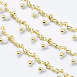 White Handmade Glass Beaded Chains, Soldered, with Spool, Brass Chain, Golden, Long-Lasting Plated, White, 6x2mm, Chain: about 2mm wide, about 32.8 Feet(10m)/roll