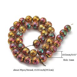 Goldenrod Electroplated Natural Lava Rock Beads Strands, Round, Bumpy, Goldenrod, 10.5mm, Hole: 1mm, about 39pcs/Strand, 15.55 inch(39.5cm)