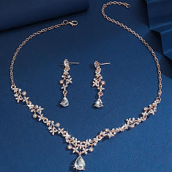 Розовое Золото Комплекты серег-гвоздиков и ожерелий из сплава со стразами для женщин, слеза и лист, розовое золото , 470 мм