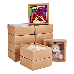 Цвет Древесины Складные квадратные подарочные коробки для хранения бумаги, бумажные упаковочные ящики, с видимым окном из ПВХ, деревесиные, 11x11x4.5 см