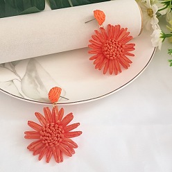 Оранжево-Красный Серьги-гвоздики с цветком и травой из латуни, с рафией, золотые, оранжево-красный, 65x50 мм