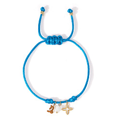Темно-Голубой 304 Браслеты из нержавеющей стали, латуни и натуральных ракушек с подвесками, плетеные браслеты из полиэфирного шнура для женщин, крест, сердце и созвездие, Козерог, глубокое синее небо, 11.02 дюйм (28 см)