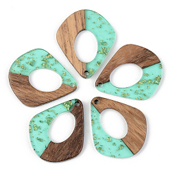 Pale Turquoise Transparent Resin & Walnut Wood Pendants, with Gold Foil, Teardrop, Pale Turquoise, 32.5x27.5x3mm, Hole: 2mm