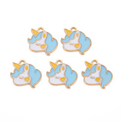 Light Sky Blue Alloy Enamel Pendants, Cadmium Free & Lead Free, Light Gold, Unicorn, Light Sky Blue, 16.5x15x1.5mm, Hole: 1.5mm