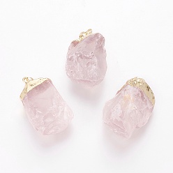 Розовый Кварц Природного розового кварца подвески, с латунной фурнитурой , самородки, золотые, 30.5~38x20~30x14~21.5 мм, отверстие : 5x8 мм