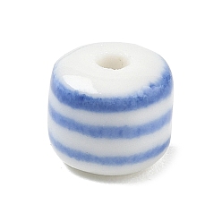 Royal Blue Handmade Porcelain Beads, Column with Stripe Pattern, Hand Painted, Royal Blue, 8.5x10mm, Hole: 2.5mm