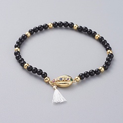 Black Agate Natural Dyed & Heated Black Agate Stretch Charm Bracelets, with Brass Beads, Brass Micro Pave Cubic Zirconia Links, Polyester Cotton Tassel and Cardboard Packing Box, Cowrie Shell, 2-1/8 inch(5.5cm)