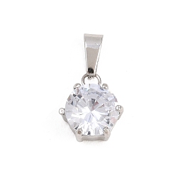 Clear 304 Stainless Steel Pave Cubic Zirconia Pendants, Flat Round Charms, Clear, 11x9x5.5mm, Hole: 3x6mm