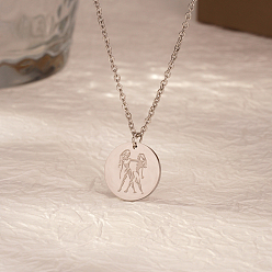 Нержавеющая Сталь Цвет Стильные 304 плоские круглые подвески из нержавеющей стали с подвеской в виде знака зодиака Близнецы для ежедневного ношения женщинами, цвет нержавеющей стали, 17.72 дюйм (45 см)