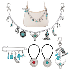 Argent Antique Ensembles de bijoux en alliage, turquoise synthétique et chaînes en aluminium sur le thème du Far West, Chaîne de sac à main, porte-clés, élastique à cheveux et broche, formes mixtes, argent antique, 323mm