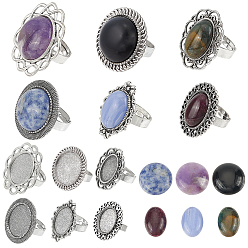 Смешанные камни Набор для изготовления кольца на палец своими руками, включая бант, цветок и овальное регулируемое кольцо из сплава, натуральные и синтетические смешанные каменные кабошоны, 12 шт / пакет