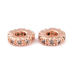 Розовое Золото Латунные микропаве из прозрачного кубического циркония, долговечный, без кадмия и без свинца, плоско-круглые, Настоящее розовое золото покрыто, 6x1.5 мм, отверстие : 2 мм