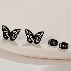 Черный 304 серьги-гвоздики из нержавеющей стали со 316 шпильками из хирургической нержавеющей стали, полый бабочки, чёрные, 9x13 мм