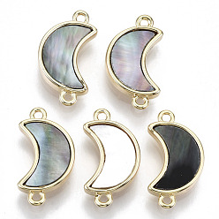 Black Lip Shell Brass Links Connectors, with Black Lip Shell, Nickel Free, Real 18k Gold Plated, Moon, 18x10x3mm, Hole: 1.2mm