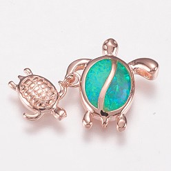 Бирюза Латунные подвески, с синтетическим опалом, черепаха, розовое золото , бирюзовые, 10~15.5x10.5~14.5x2~2.5 мм, отверстие : 1.5x2.5 мм