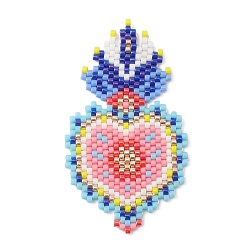 Pink Handmade Seed Beads, Loom Pattern, Sacred Heart Big Pendant, Pink, 52x30x2mm, Hole: 0.8mm