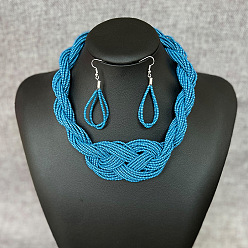 Темно-Голубой Многослойные ожерелья и серьги-капли в стиле бохо из стеклянных бусинок, глубокое синее небо, 470 мм