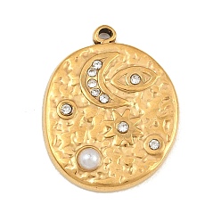 Oro 304 Colgantes de acero inoxidable con diamantes de imitación de cristal y perlas de plástico, Óvalo martillado con amuletos de ojo turco, luna y estrella., dorado, 23x18x4 mm, agujero: 1.2 mm