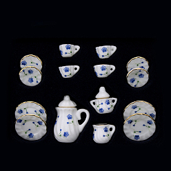 Flower Mini PorcelainTea Set, including 2Pcs Teapots, 5Pcs Teacups, 8Pcs Dishes, for Dollhouse Accessories, Pretending Prop Decorations, Flower Pattern, 121x86x25mm, 15pcs/set