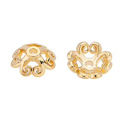 Real 18K Gold Plated Brass Bead Caps, Flower, 4-Petal, Hollow, Real 18K Gold Plated, 7.5x7.5x2.5mm, Hole: 1mm, 80pcs/box