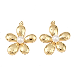 Настоящее золото 18K Латунные подвески, цветок, с жемчужинами из АБС-пластика и соединительными кольцами, без свинца и без кадмия, долговечный, стойки покрытие, реальный 18 k позолоченный, 36.5x34x10 мм, отверстие : 3.5 мм