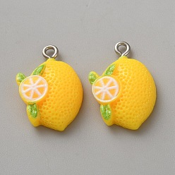 Лимон Подвески из смоляных фруктов, с фурнитурой платина железная, лимон, 24.5x15x6 мм, отверстие : 2 мм