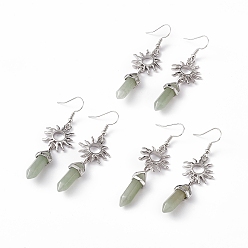 Зеленый Авантюрин Натуральный зеленый авантюрин пуля с серьгами с подвесками в виде солнца, платиновые латунные длинные серьги-подвески для женщин, 60 мм, штифты : 0.6 мм