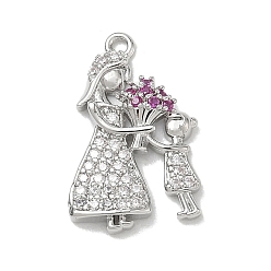 Platinum Mother's Day Brass Micro Pave Colorful Cubic Zirconia Pendants, Mother & Child Shape Charms, Lead Free & Cadmium Free, Rack Plating, Long-Lasting Plated, Platinum, 20x13x3mm, Hole: 1.2mm