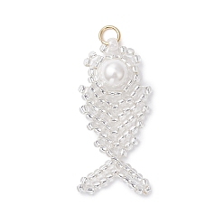 Белый Подвески в виде рыбок из стеклянных бус, с круглой бусиной из ракушки и 304 открытыми соединительными кольцами из нержавеющей стали, белые, 34.5x16x6 мм, отверстие : 3 мм