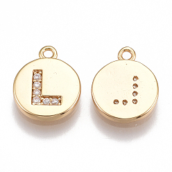 Letter L Brass Cubic Zirconia Charms, Flat Round with Letter, Nickel Free, Real 18K Gold Plated, Clear, Letter.L, 12x10x2mm, Hole: 1mm