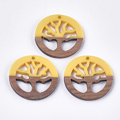Золотистый Подвески из смолы и ореха, плоские круглые с деревом, золотые, 28x2.5~4 мм, отверстие : 1.8 мм
