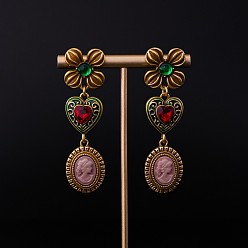 Античное Золото Серьги-гвоздики с эмалевым сплавом в форме цветка и сердца, со стразами, стеклом и смолой, античное золото , 67x18 мм